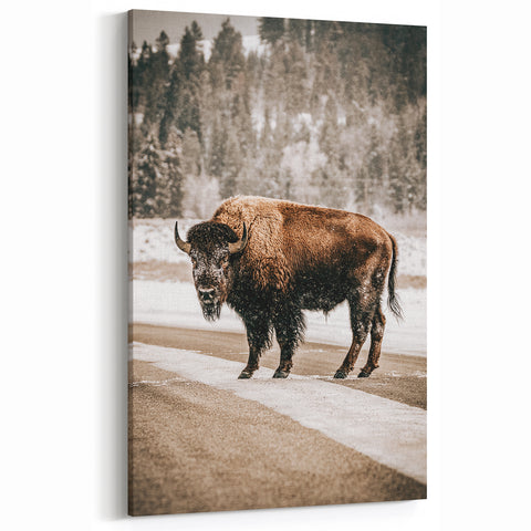 Farmhouse Wall Art – Majestic Bison in Winter Landscape for Rustic Homes