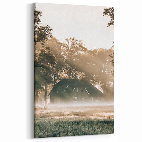 Farmhouse Wall Art – Serene Misty Countryside House for Rustic Decor