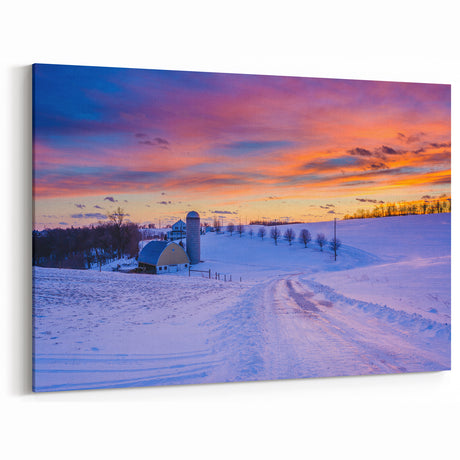 Framed Pennsylvania Art - Snowy Farm Sunset Pennsylvania Scenic Views