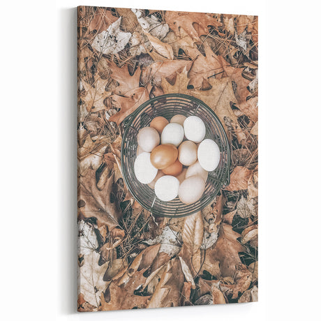 Farmhouse Wall Art: Rustic Basket of Eggs on Autumn Leaves, Vintage Decor