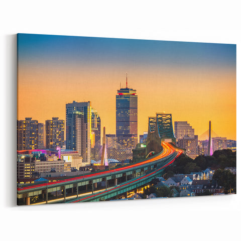 Boston Sunset Cityscape – Massachusetts Skyline and Bridge Wall Art