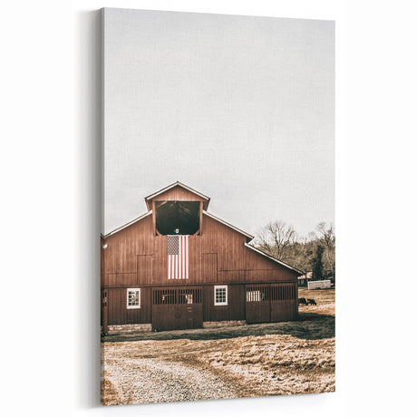 Farmhouse Wall Art: Red Barn with American Flag, Rustic Country Decor