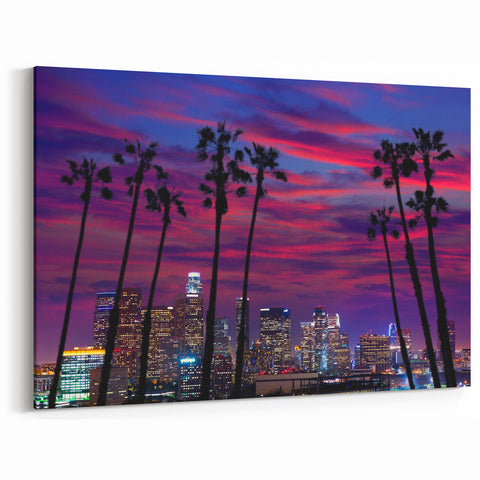 Los Angeles Skyline Art - Vibrant LA Cityscape at Sunset with Palm Trees