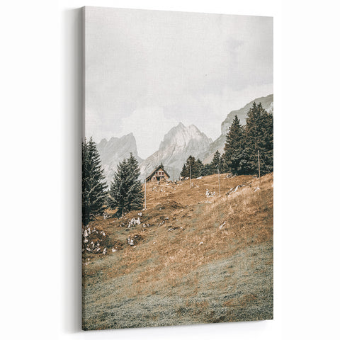 Farmhouse Wall Art - Cozy Cabin in Scenic Mountain Landscape for Decor