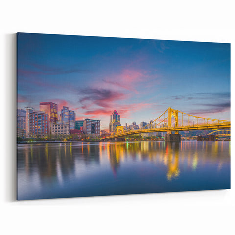 Pittsburgh Skyline Wall Art – Vibrant Sunset Cityscape with Yellow Bridge