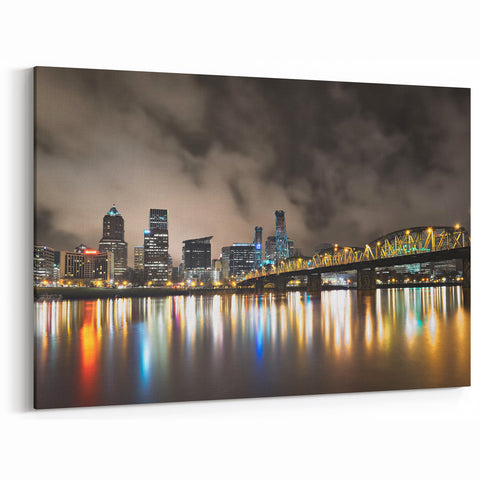 Artistic Portland Oregon Prints - Night Skyline with Reflective Water