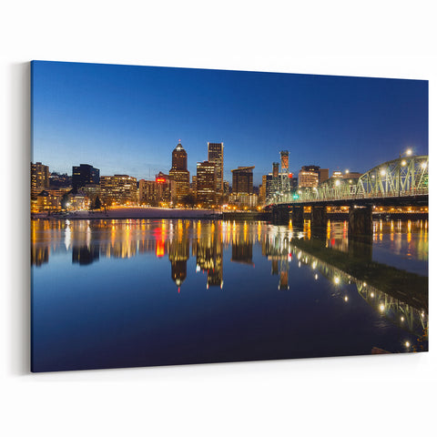 Portland Oregon Canvas Art - Night Skyline Reflections with Bridge