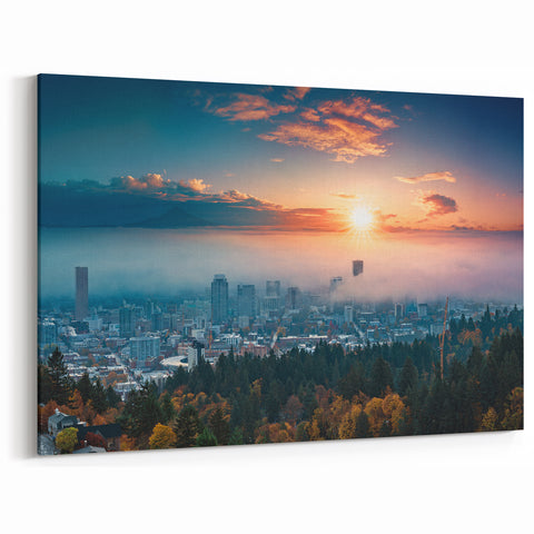 Custom Portland Cityscape Wall Art – Sunrise Over the Fog-Covered City