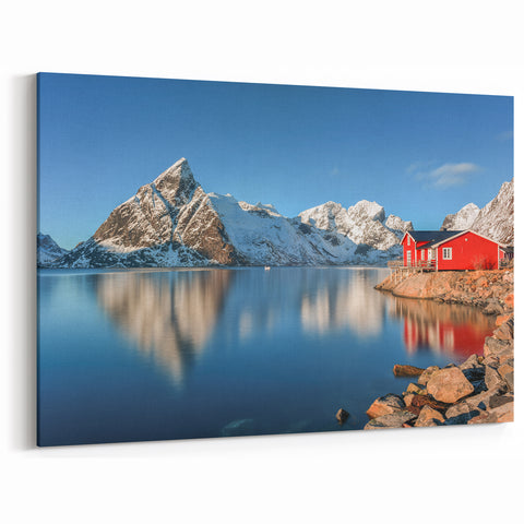 Fjords of Norway Canvas - Scenic Red Cabin by Snowy Mountains