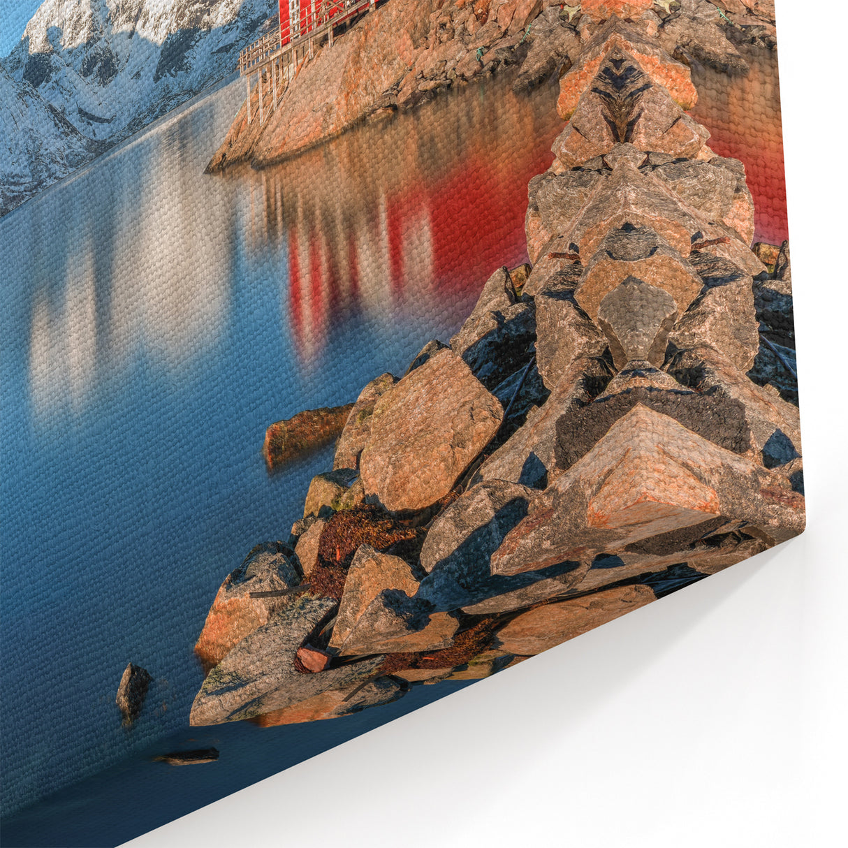 Fjords of Norway Canvas - Scenic Red Cabin by Snowy Mountains