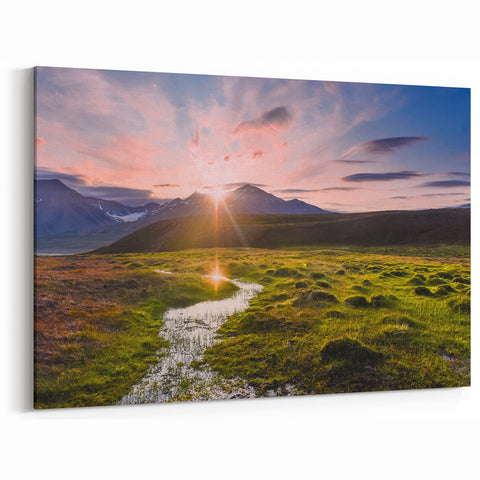 Scenic Norway Wall Decor - Sunset Over Mountains and Green Fields
