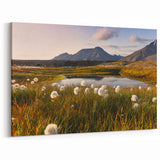 Scenic Norway Wall Decor - Cotton Grass and Mountains at Sunset