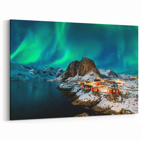 Northern Lights Norway Art - Snowy Village and Red Cabins Under Aurora