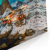 Northern Lights Norway Art - Snowy Village and Red Cabins Under Aurora