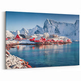 Norway Wall Art - Snowy Red Cabins and Coastal Village in Winter
