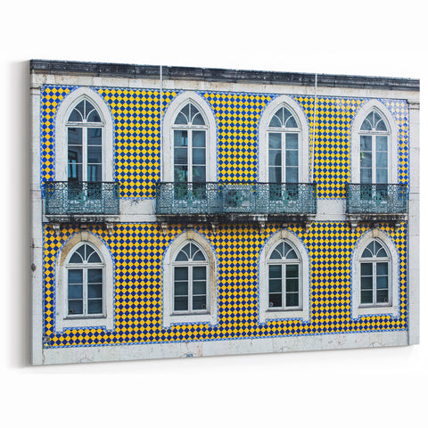 Lisbon Wall Art - Traditional Yellow and Blue Tiled Facade Design