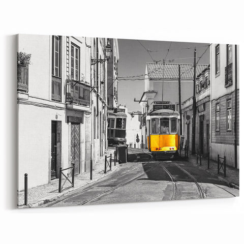 Lisbon Wall Art - Iconic Tram 28 in Black and White with Yellow Accent