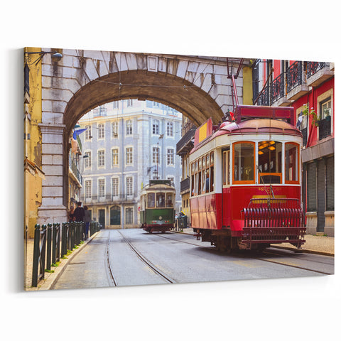 Lisbon Wall Art - Classic Trams in Baixa District Under Stone Archway