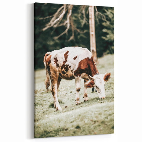 Farmhouse Wall Art – Grazing Cow in Pasture Print for Rustic Decor