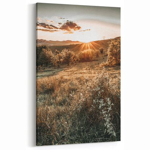 Farmhouse Wall Art – Golden Sunset over Countryside Hills for Rustic Decor