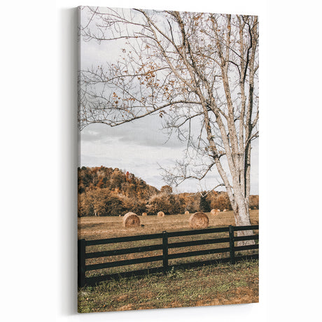 Farmhouse Wall Art – Countryside Hay Bales Field Print for Rustic Decor