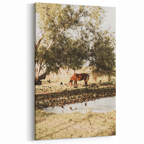 Farmhouse Wall Art – Grazing Horse by Pond Print for Rustic Country Decor