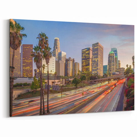 Golden Hour in Downtown LA - Vibrant Cityscape with Palm Trees and Light Trails