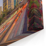 Golden Hour in Downtown LA - Vibrant Cityscape with Palm Trees and Light Trails