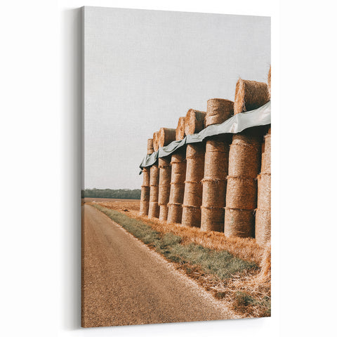 Farmhouse Wall Art - Stacked Hay Bales by Country Road with Rustic Charm