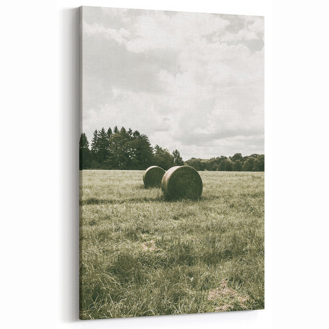 Farmhouse Wall Art - Serene Hay Bales in Open Field with Rustic Charm