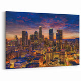Downtown LA at Dusk - Vibrant City Lights Under a Dramatic Sunset