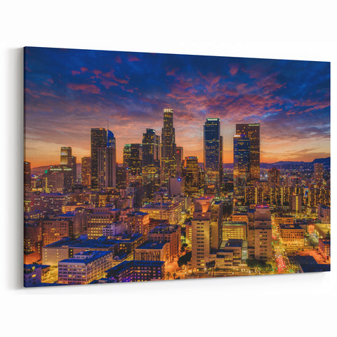 Downtown LA at Dusk - Vibrant City Lights Under a Dramatic Sunset