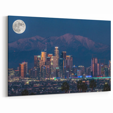 Full Moon Over Downtown LA - Illuminated Cityscape with Mountain Backdrop