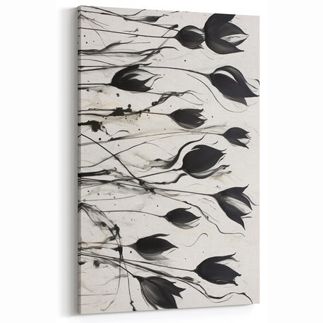 Monochrome Electric Floral Art: Bold Black Tulips on Modern Canvas