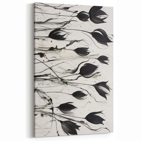 Monochrome Electric Floral Art: Bold Black Tulips on Modern Canvas