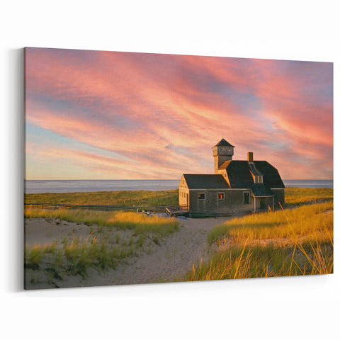 Cape Cod Framed Art - Charming Coastal Cottage at Sunset Print