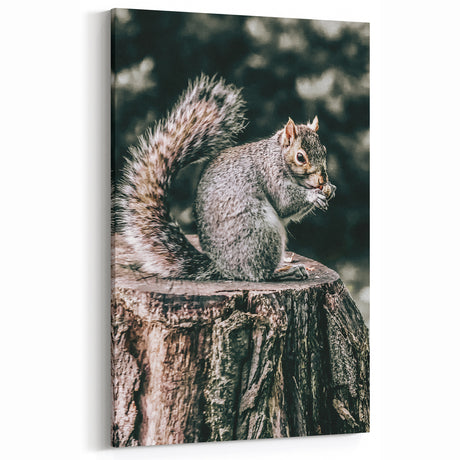 Squirrel on Tree Stump Wall Art – Rustic Farmhouse Nature Decor Print