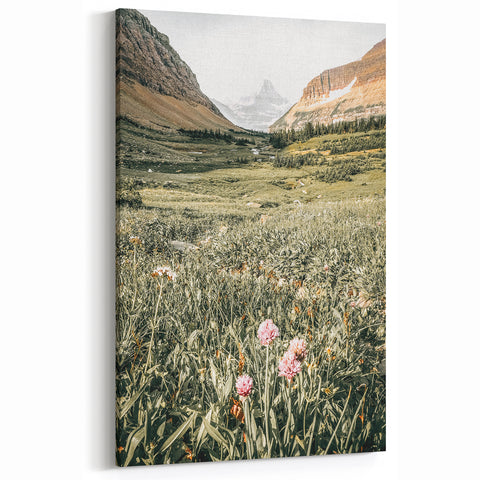 Rustic Farmhouse Wall Art - Serene Mountain Valley with Wildflowers