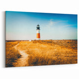 Nantucket Island Wall Decor – Bold Lighthouse on Golden Fields Canvas Art