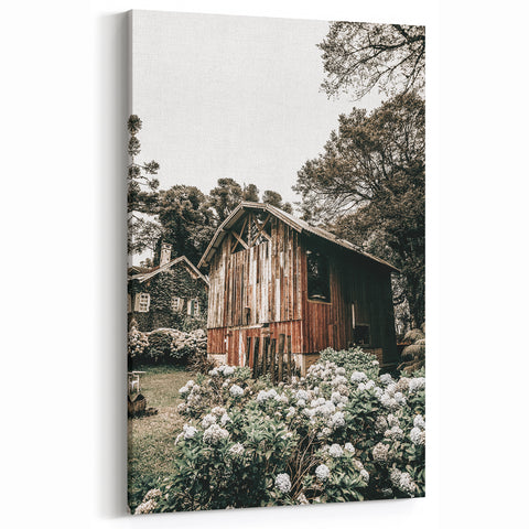 Farmhouse Wall Art - Rustic Barn with Garden Flowers for Country Decor