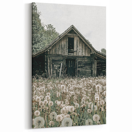Vintage Farmhouse Wall Art: Rustic Barn with Dandelion Meadow