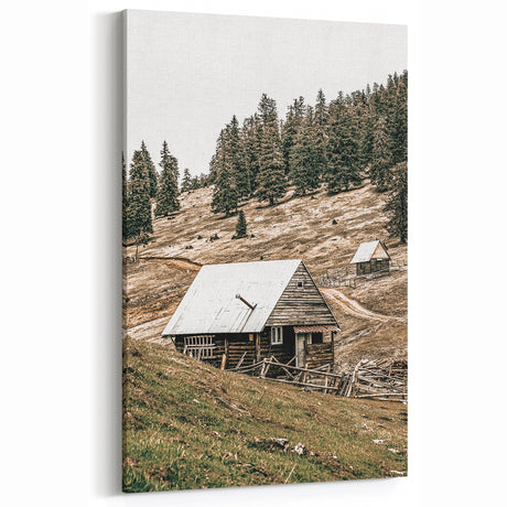 Farmhouse Wall Art: Rustic Cabin in Mountain Landscape Décor
