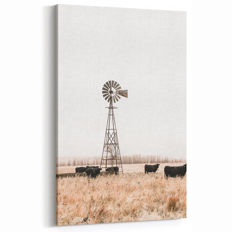 Farmhouse Wall Art: Windmill and Cattle Scene for Rustic Country Decor