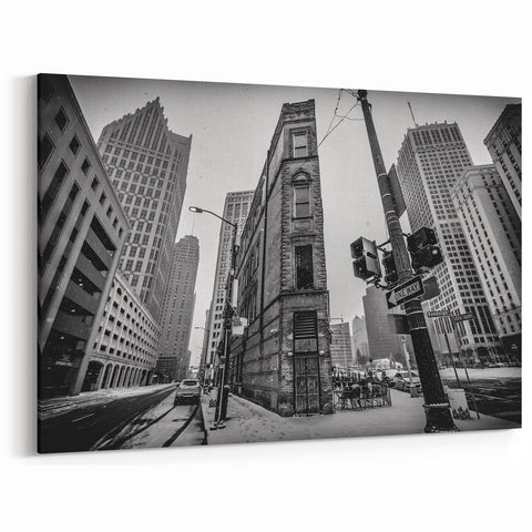 Black and White Detroit Street Scene – Captivating Urban Cityscape Art