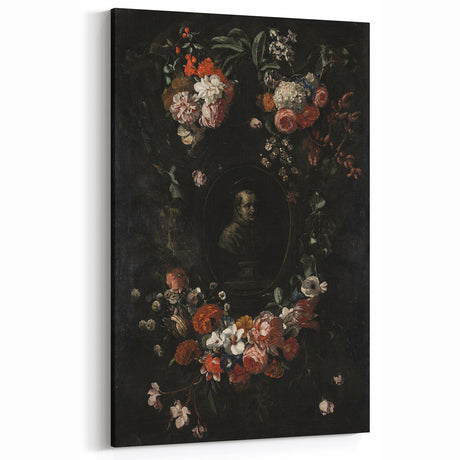 Dark Floral Wreath Art: Portrait Surrounding Flowers Wall Art Decor