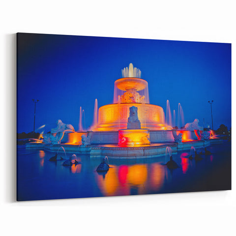 Vibrant Detroit Fountain Night Photography – Colorful Cityscape Wall Art