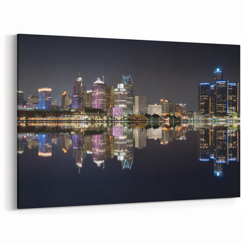 Detroit Skyline at Night – Vibrant Cityscape Reflection Wall Art