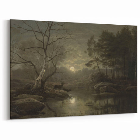 Dark Moody Wall Art - Moonlit Forest Scene with Deer Reflection