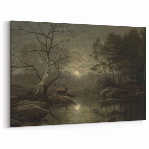 Dark Moody Wall Art - Moonlit Forest Scene with Deer Reflection