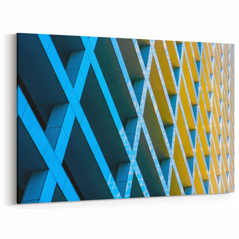 Houston Canvas Art - Abstract Texas Cityscape with Blue and Yellow Facade